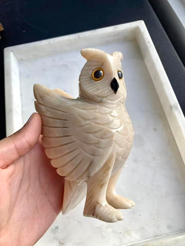 Brazilian White Jasper Owl w/Obsidian Beak Carving