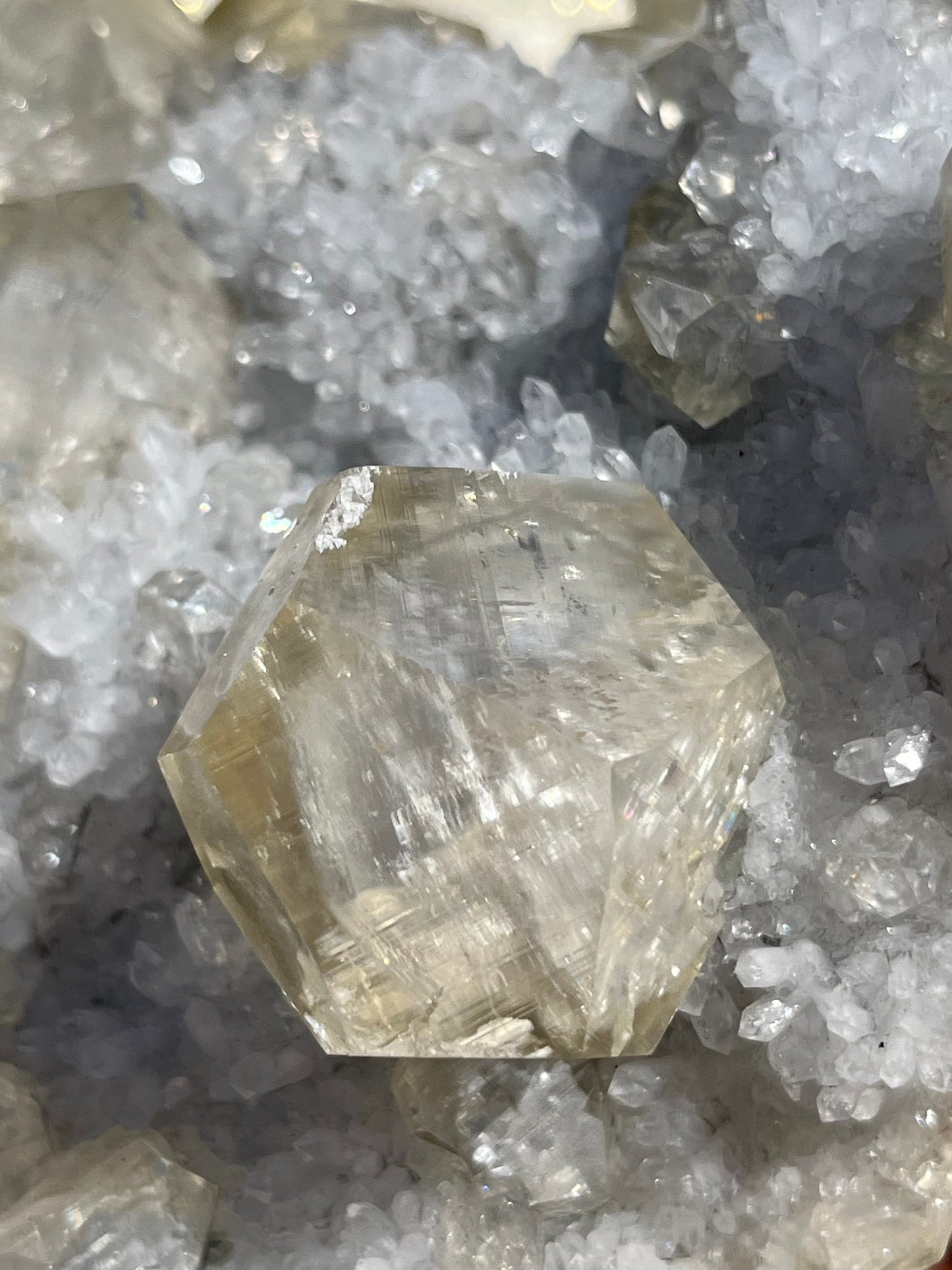 Grey Phantom Calcite Specimen on Quartz & Fluorite Matrix