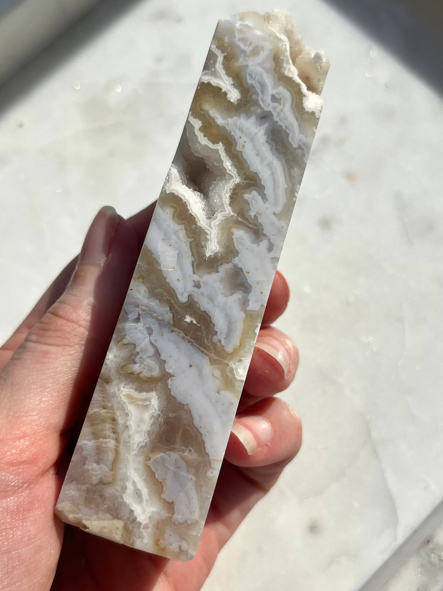 Druzy White Plume Agate Tower w/Dendritic Inclusions #4