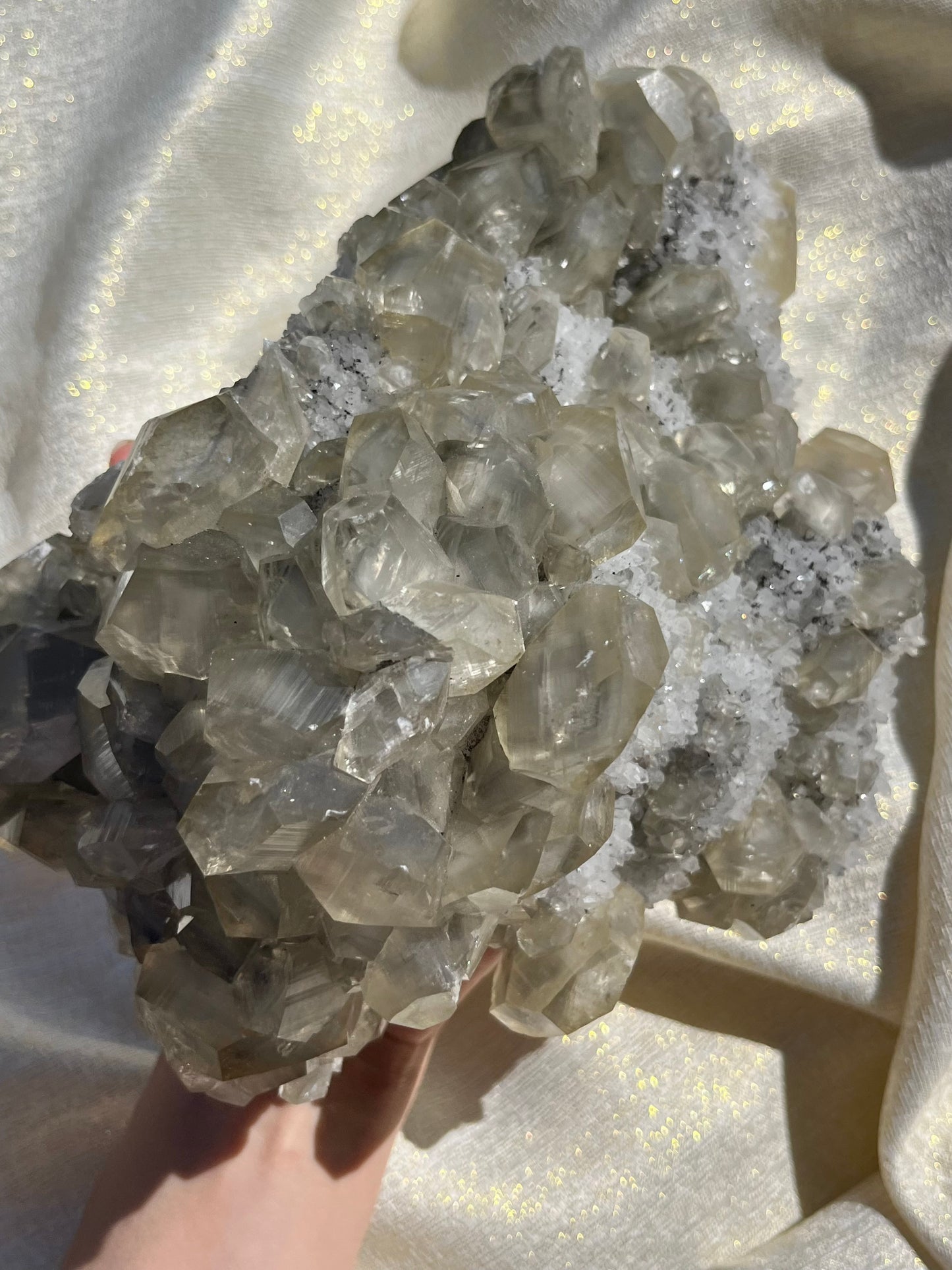 Grey Phantom Calcite Specimen on Quartz & Fluorite Matrix