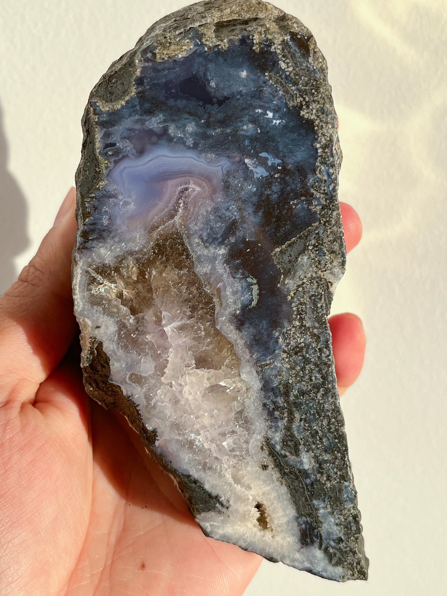 Purple Chalcedony with Green Moss & Quartz Geode