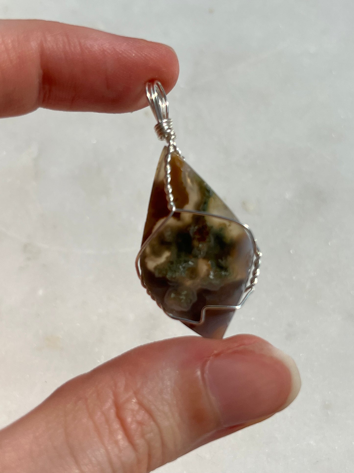 Danau Agate w/Green Moss 925 Sterling Silver Wire Wrap Pendant