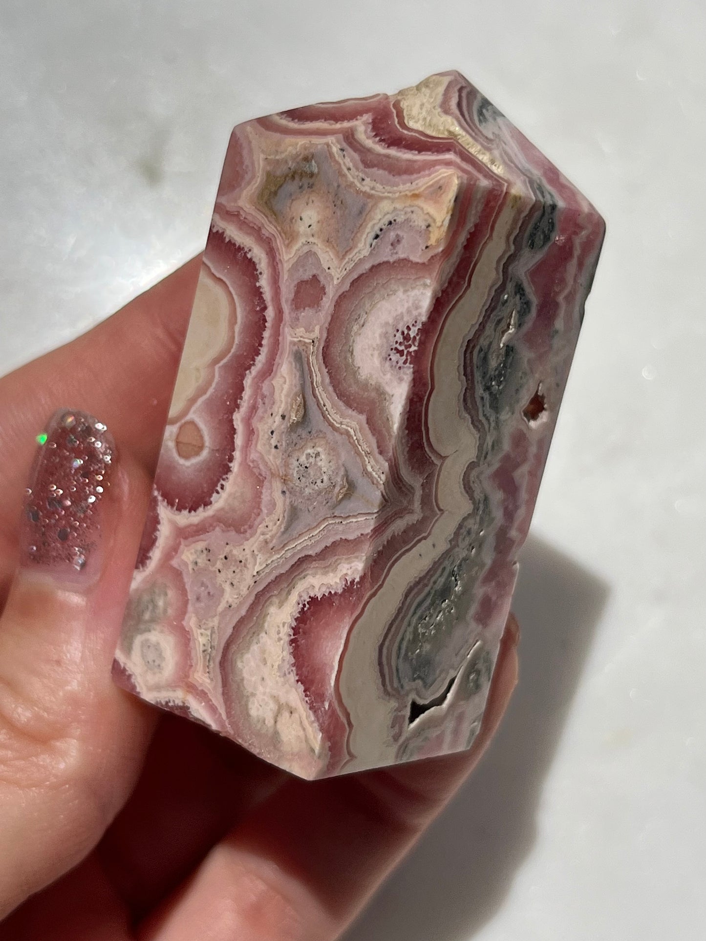 “Esmeralda” Banded Rhodochrosite Tower