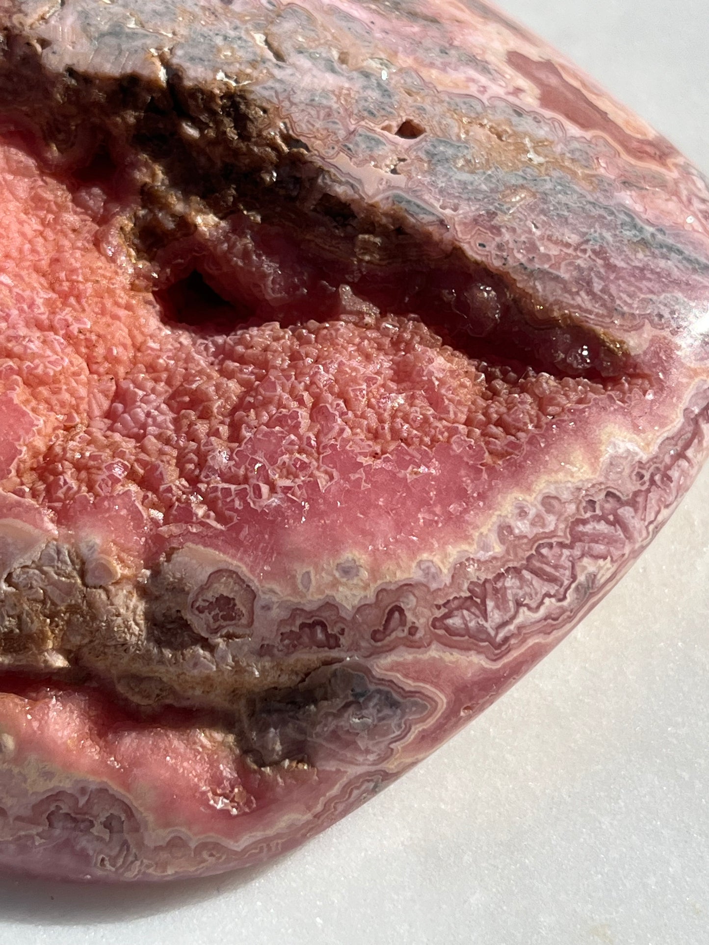 ‘Haven’ Polished Rhodochrosite Vug Freeform w/Terminated Calcite #1