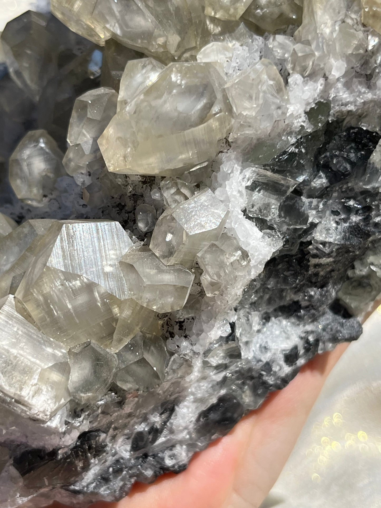 Grey Phantom Calcite Specimen on Quartz & Fluorite Matrix