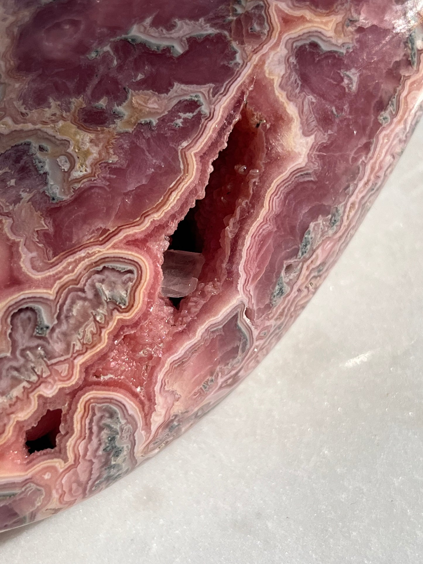 ‘Haven’ Polished Rhodochrosite Vug Freeform w/Terminated Calcite #1