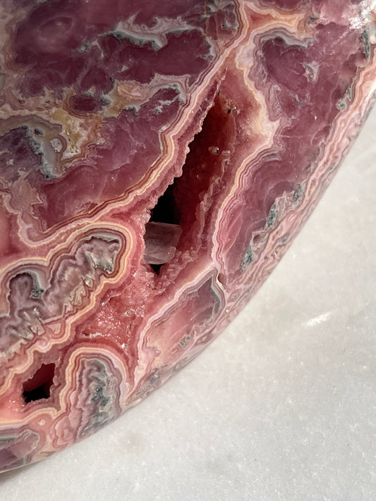 ‘Haven’ Polished Rhodochrosite Vug Freeform w/Terminated Calcite #1