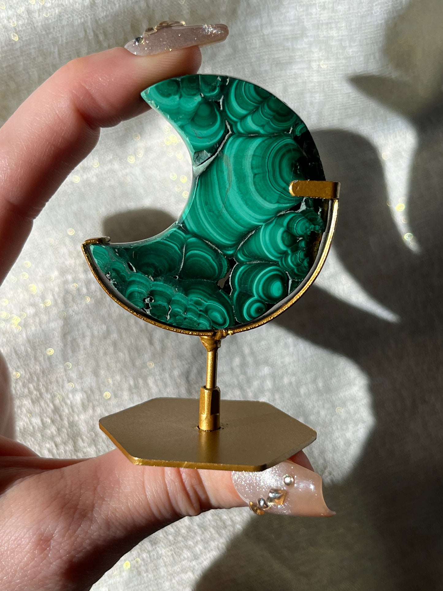 Malachite Moon Carving on Gold Stand H