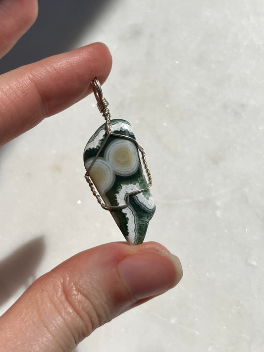 “Imagine” 8th Vein Ocean Jasper Wire Wrap Pendant (925 Sterling Silver)