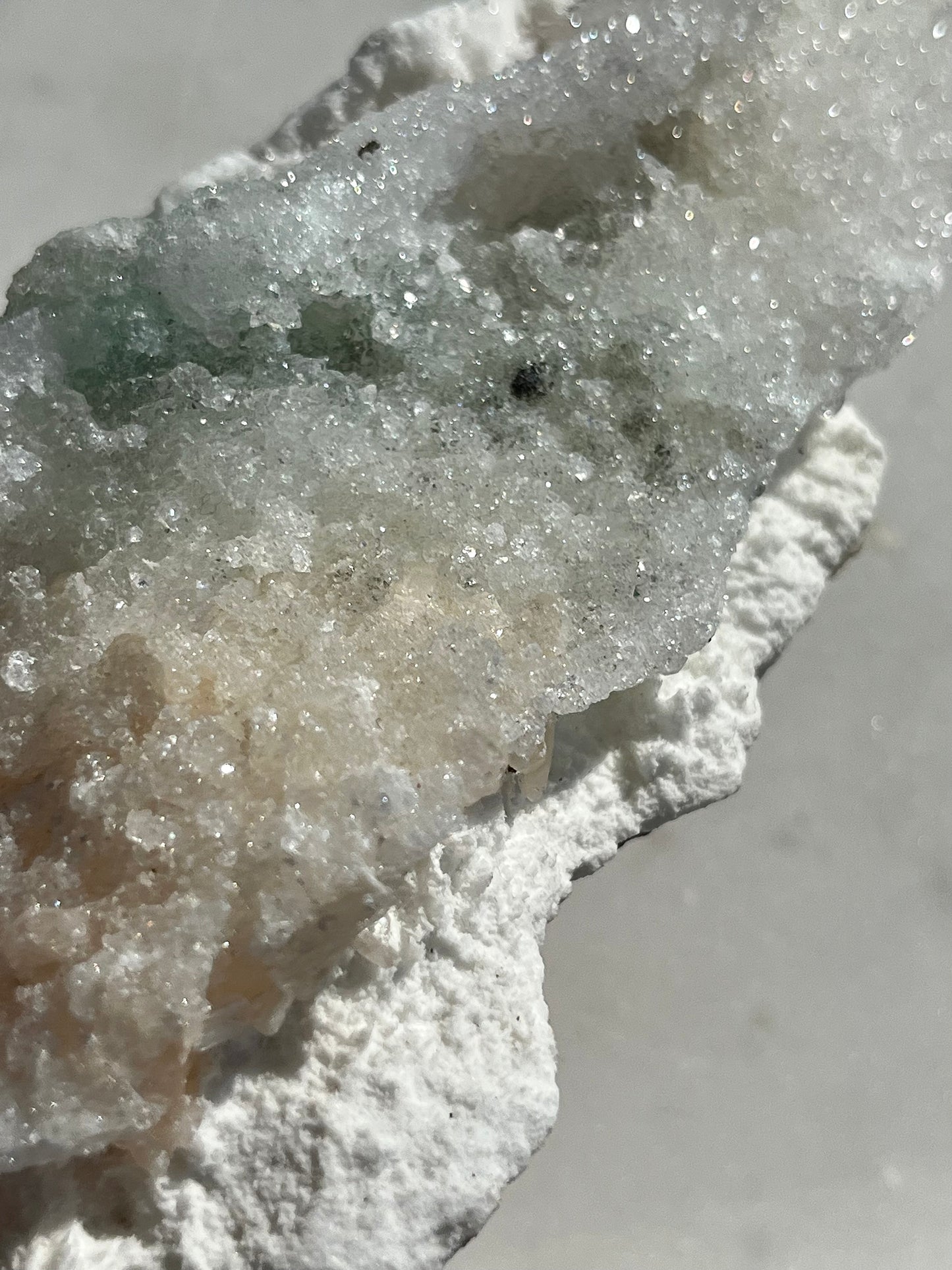 Druzy White & Green Apophyllite w/Stilbite on Mordenite Basalt Matrix