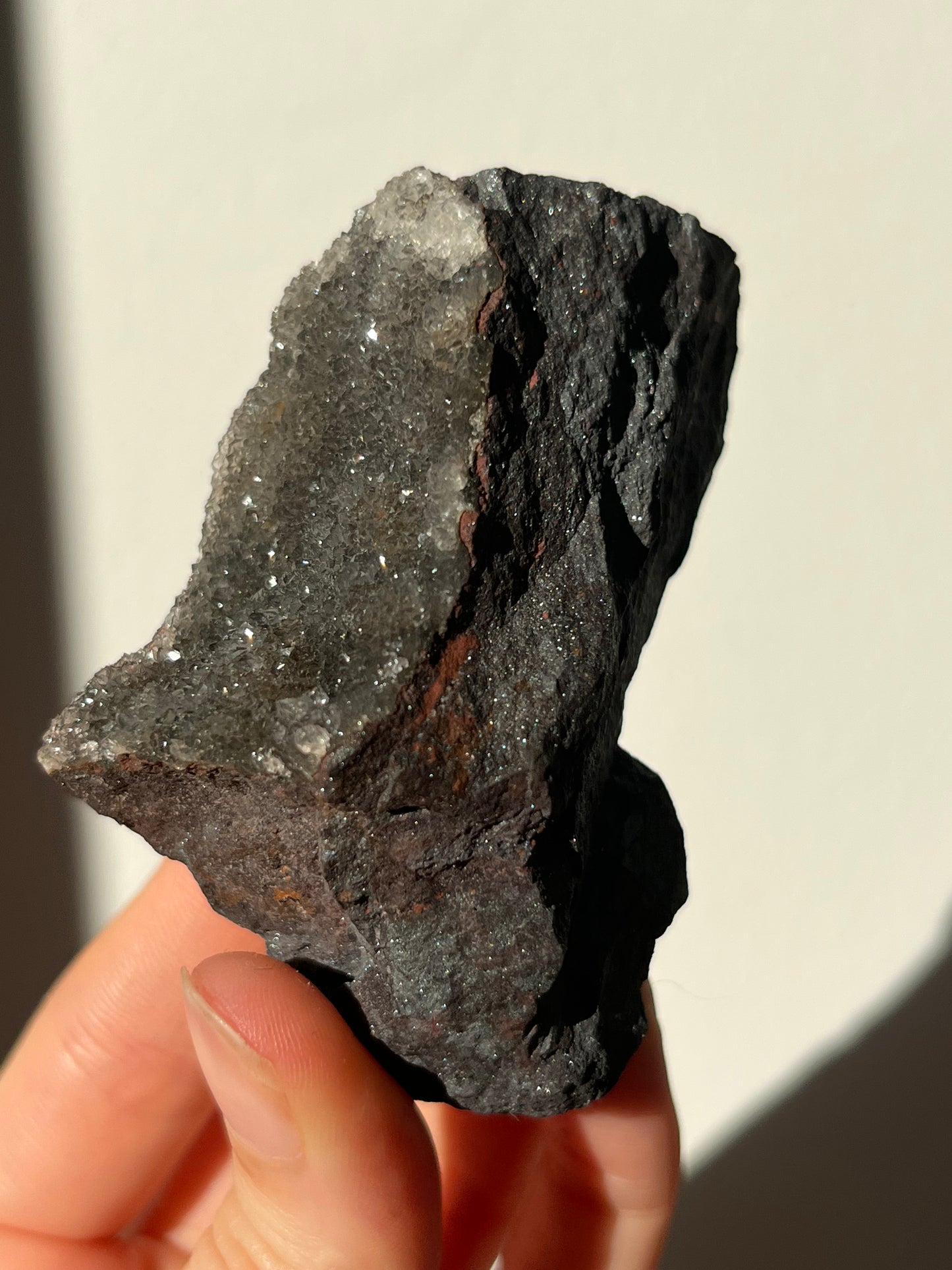 Druzy Dolomite Quartz Coated Cluster on Sparkly Iron Hematite Base #12