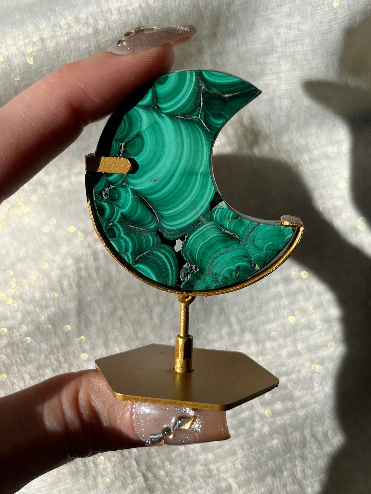 Malachite Moon Carving on Gold Stand H
