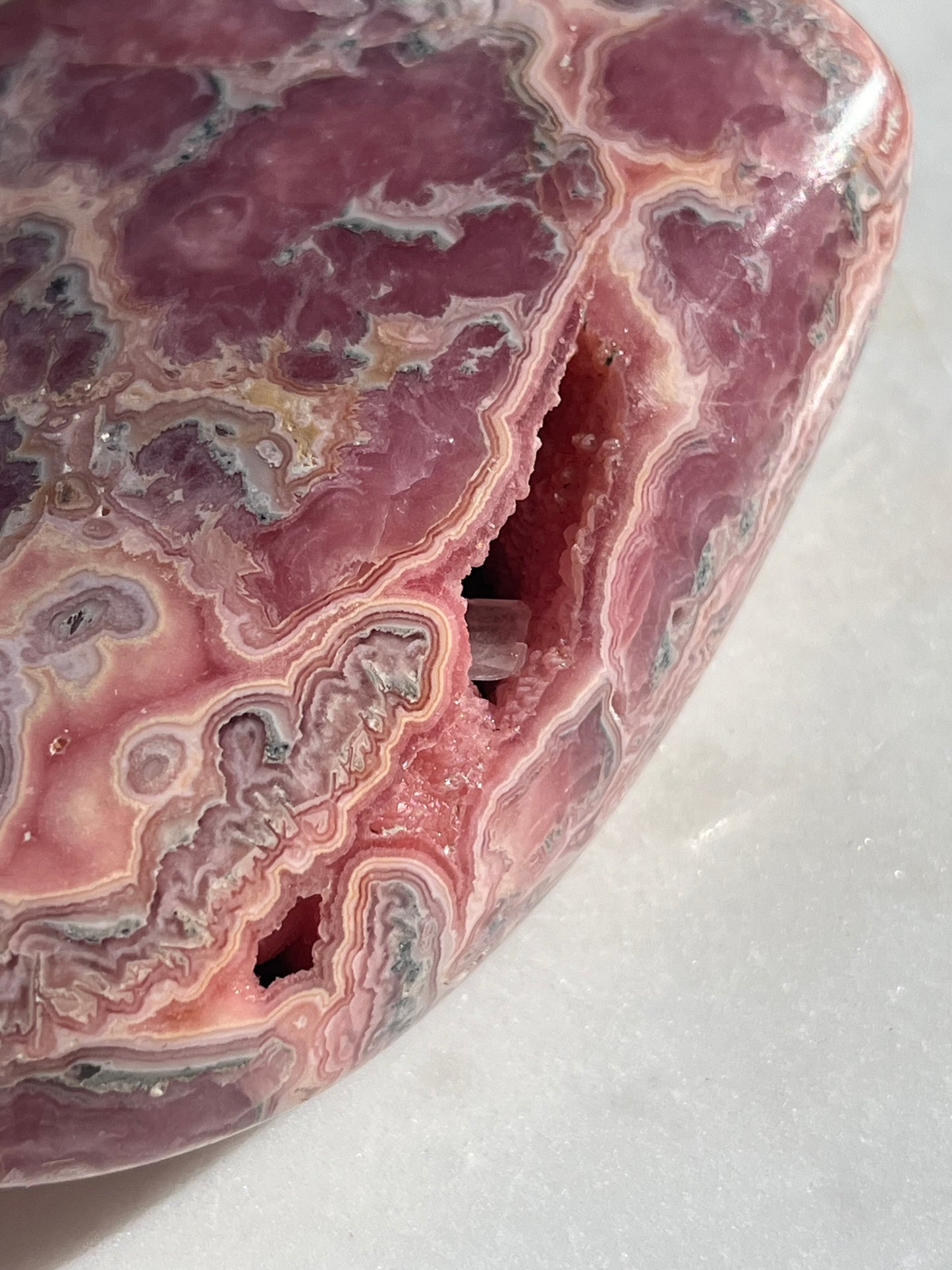 ‘Haven’ Polished Rhodochrosite Vug Freeform w/Terminated Calcite #1