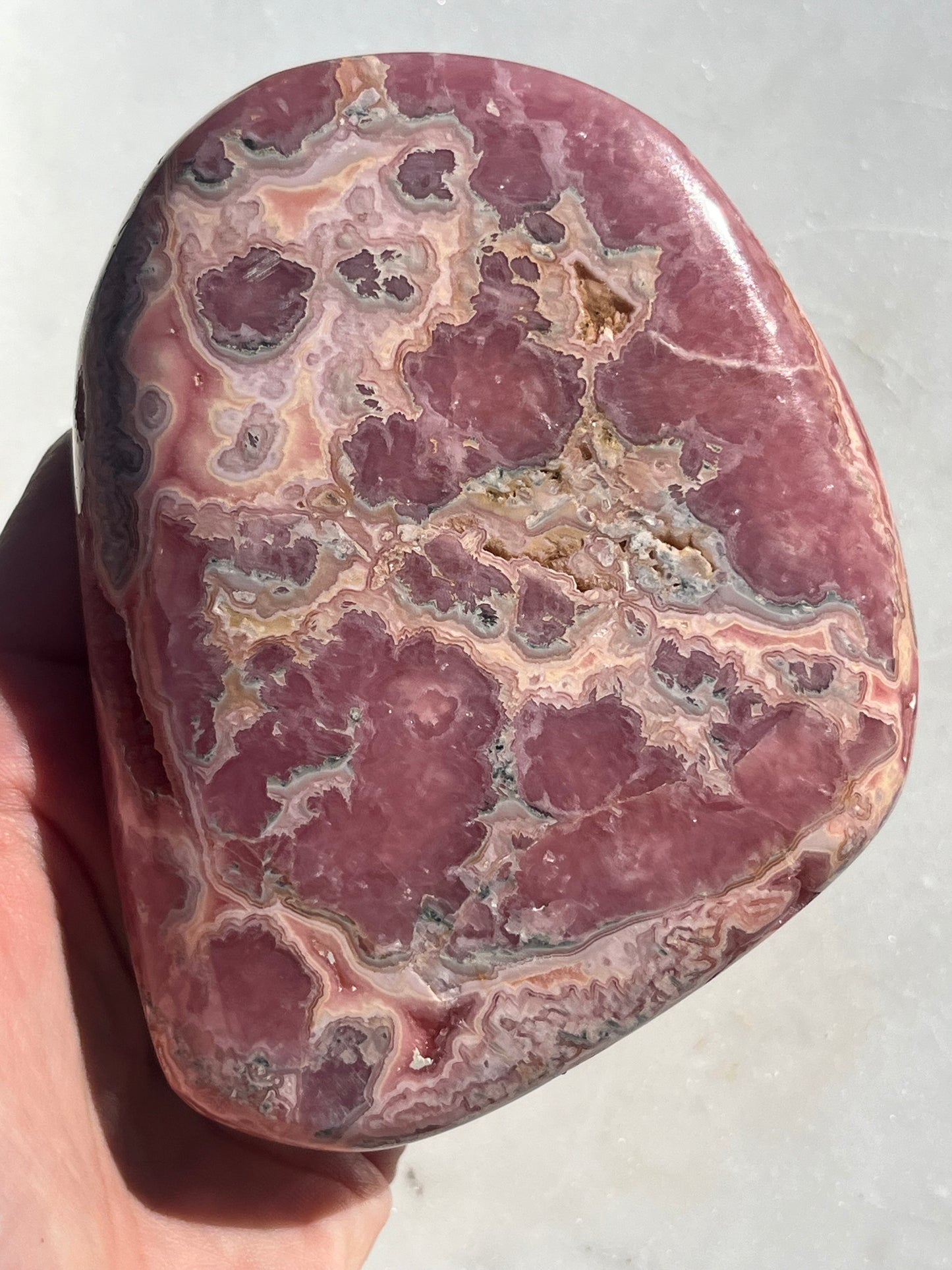 ‘Haven’ Polished Rhodochrosite Vug Freeform w/Terminated Calcite #1