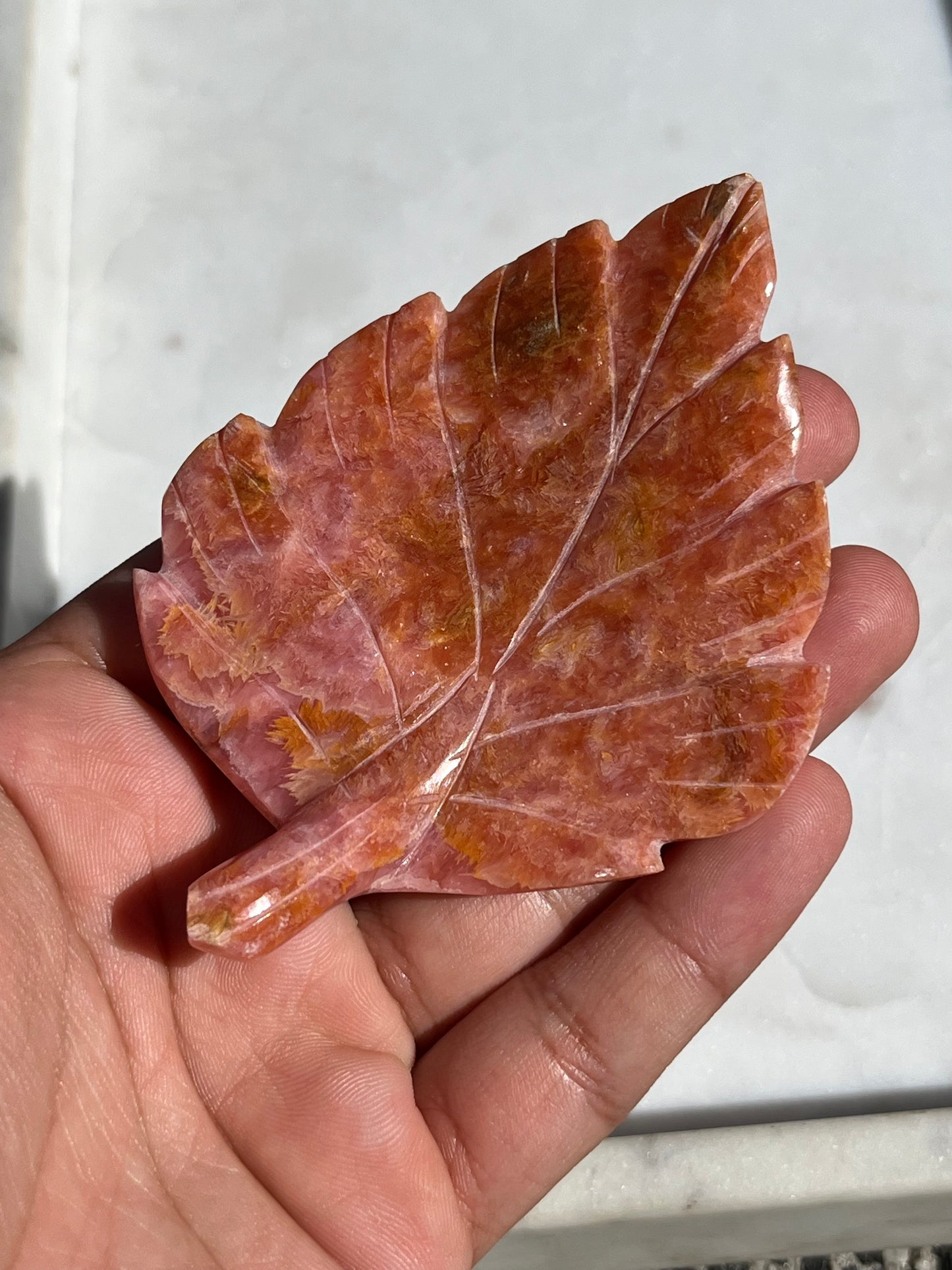 Rhodochrosite Autumn Leaf Carving #1