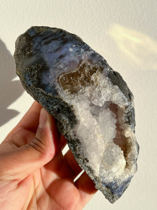 Purple Chalcedony with Green Moss & Quartz Geode