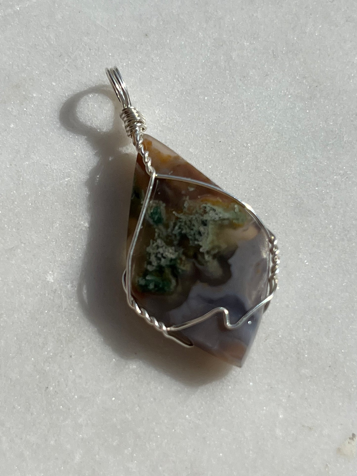 Danau Agate w/Green Moss 925 Sterling Silver Wire Wrap Pendant