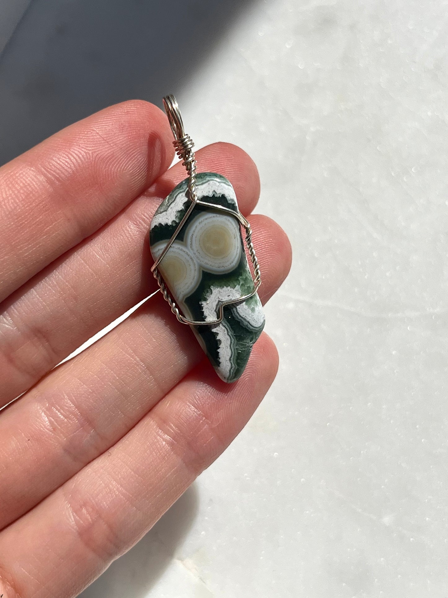 “Imagine” 8th Vein Ocean Jasper Wire Wrap Pendant (925 Sterling Silver)