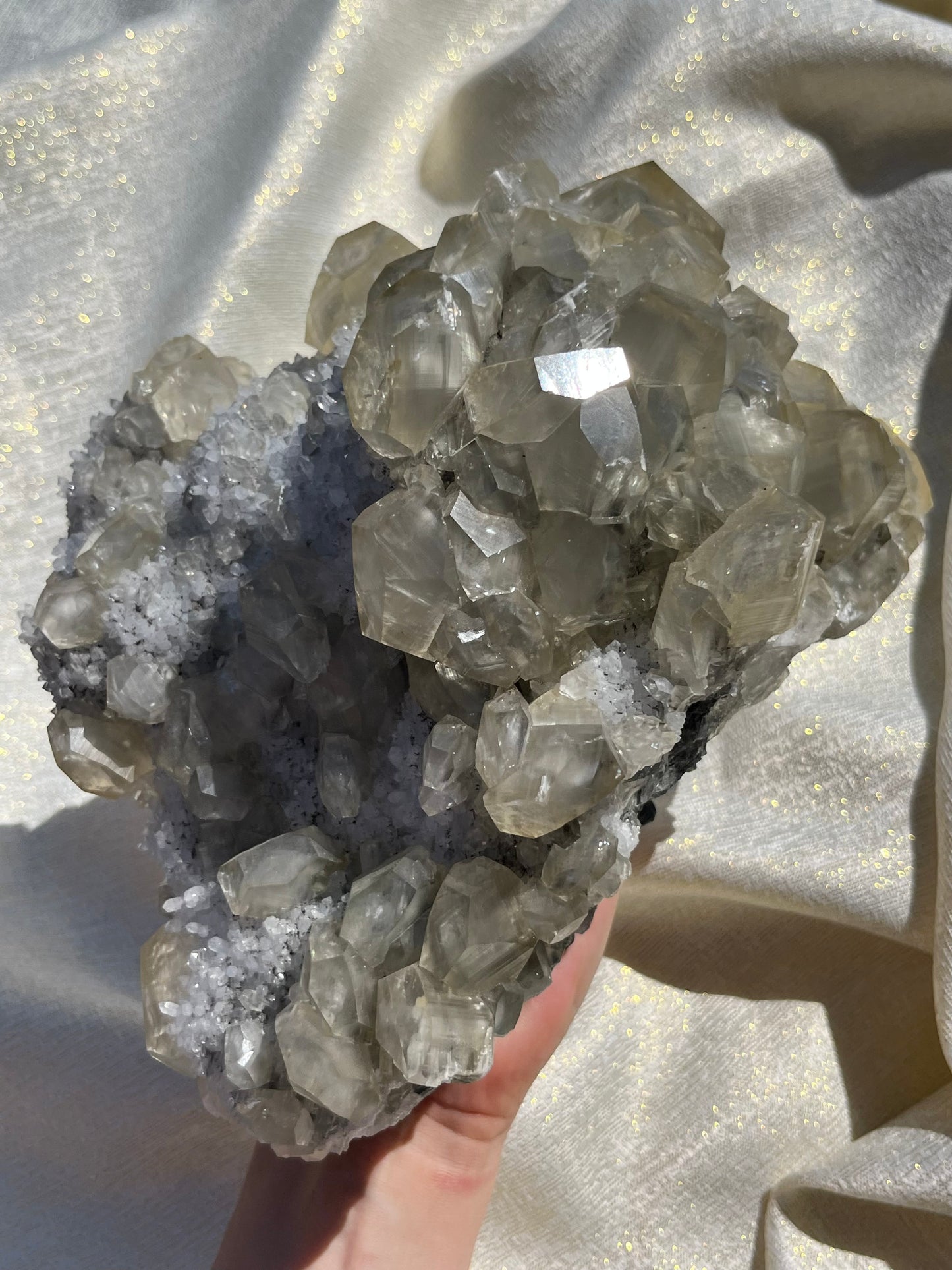 Grey Phantom Calcite Specimen on Quartz & Fluorite Matrix