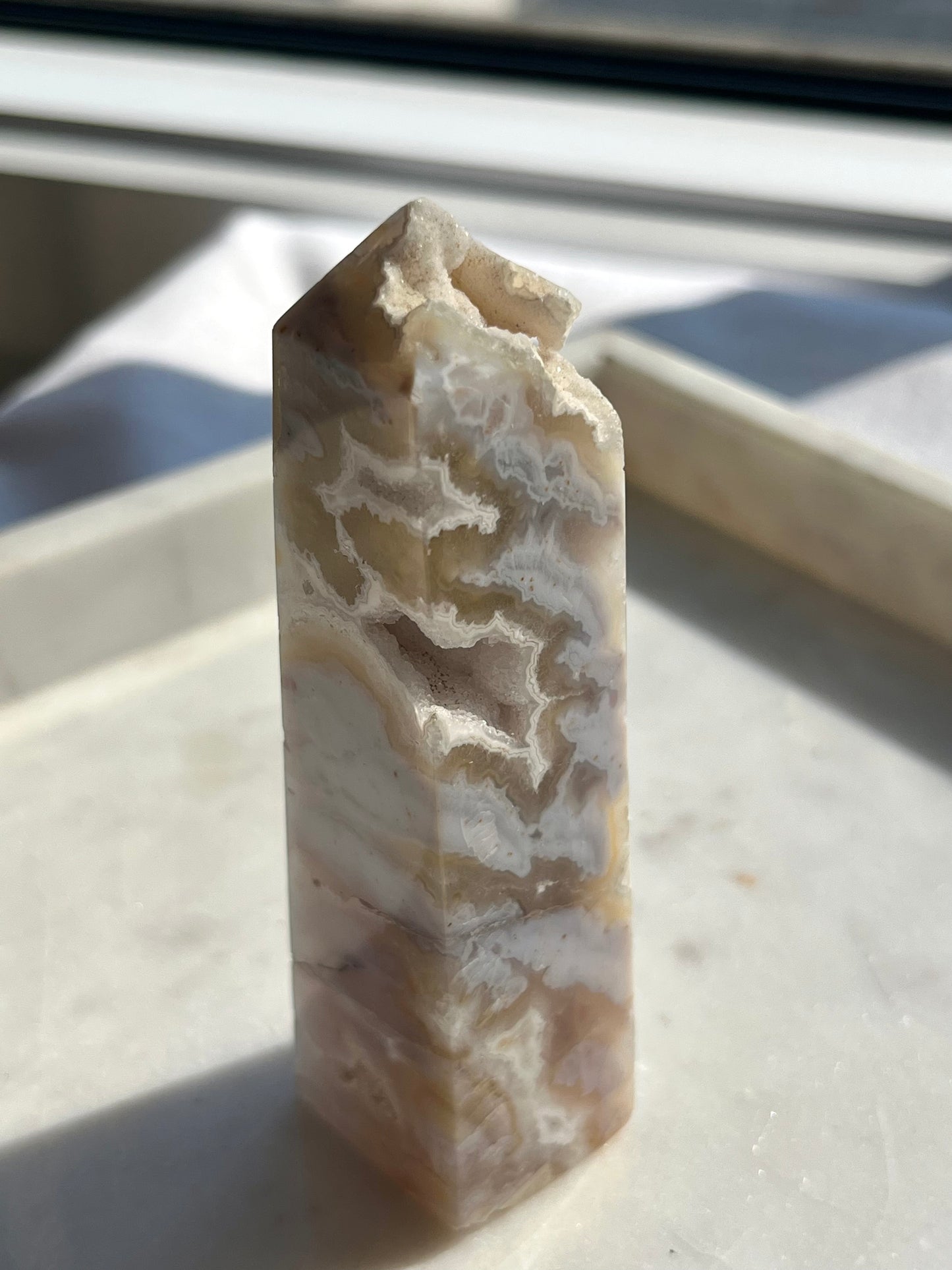 Druzy White Plume Agate Tower w/Dendritic Inclusions #4