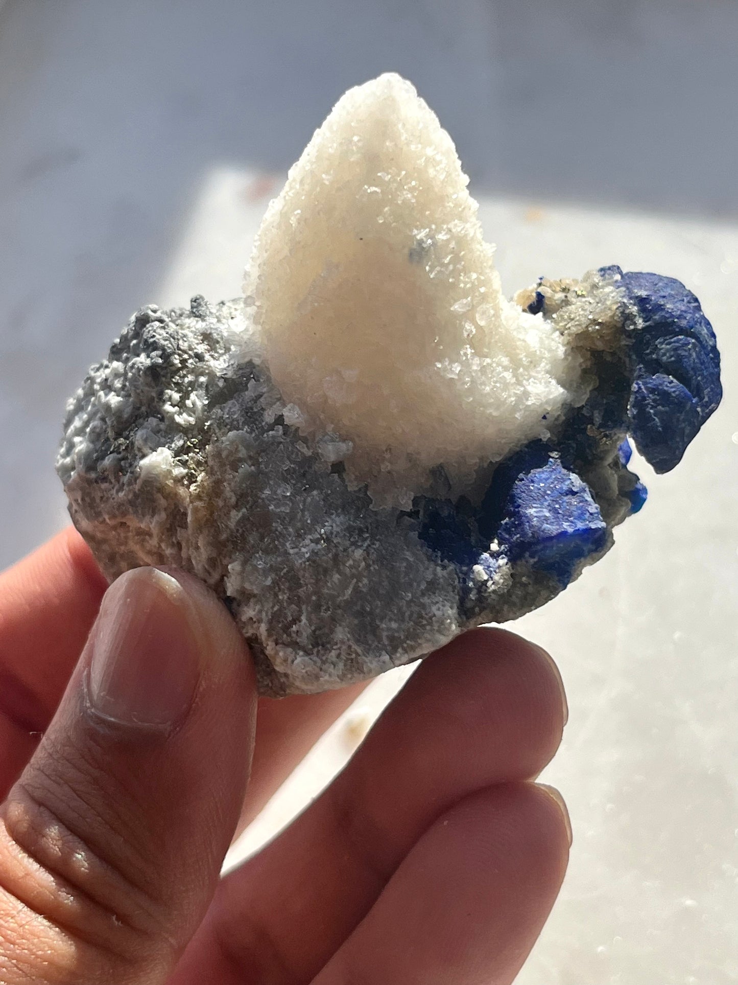 “Unicorn” Euhedral Lazurite & Pyrite Specimen on Marble #19