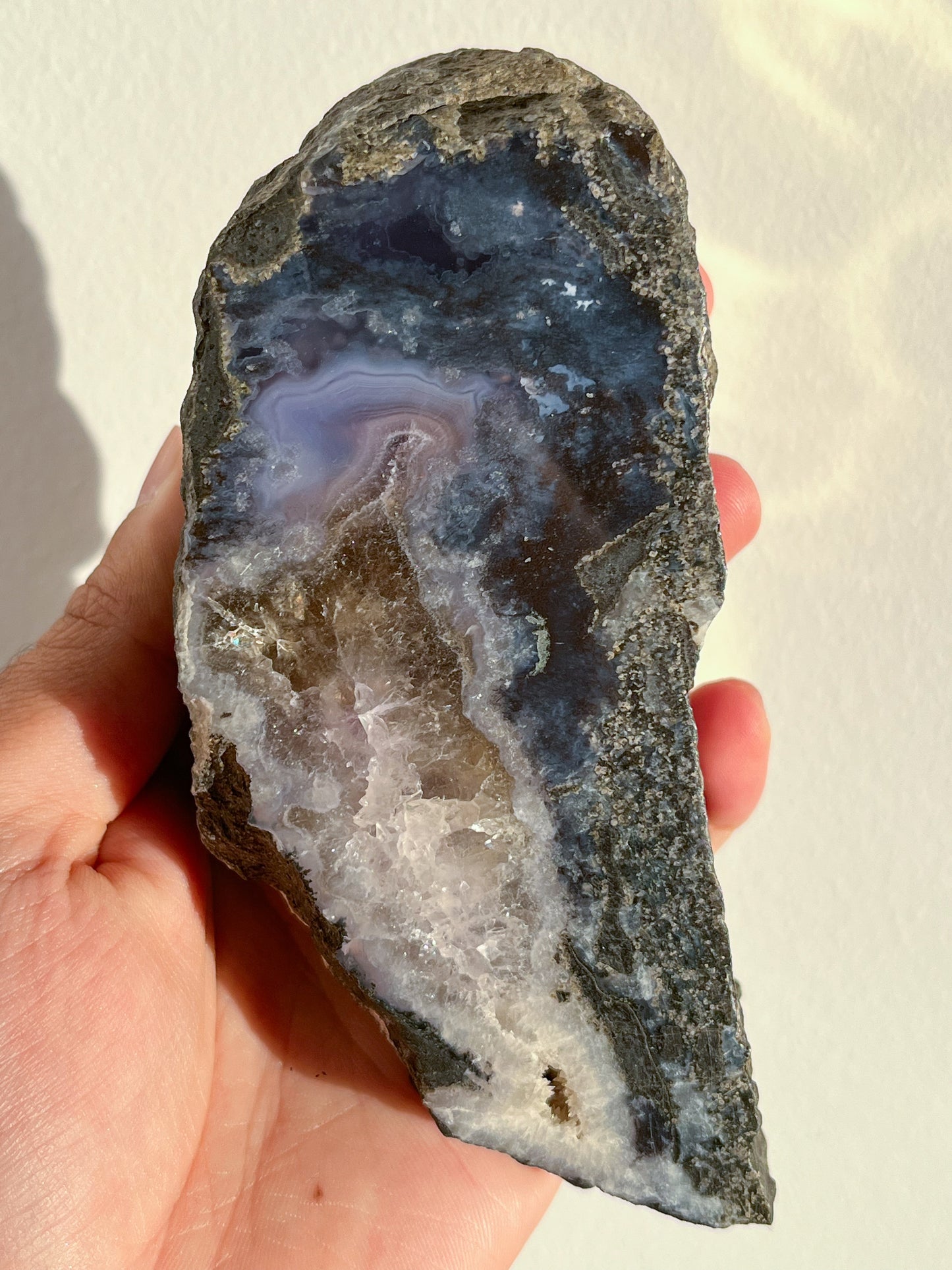 Purple Chalcedony with Green Moss & Quartz Geode