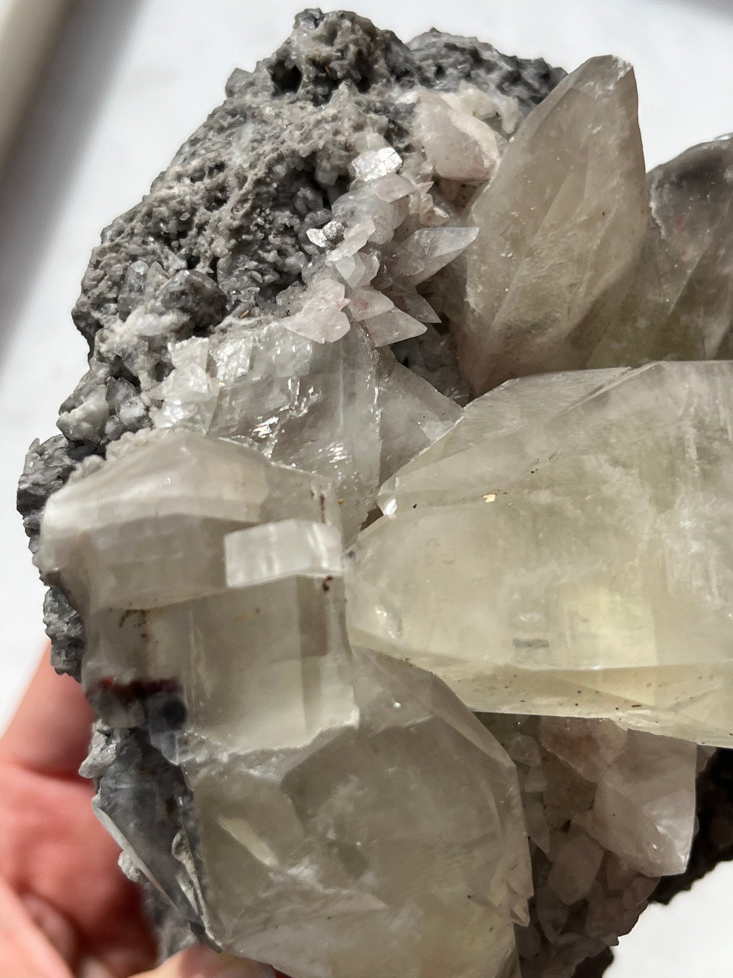 Grey & Pink Hematite Coated Yellow Calcite Specimen
