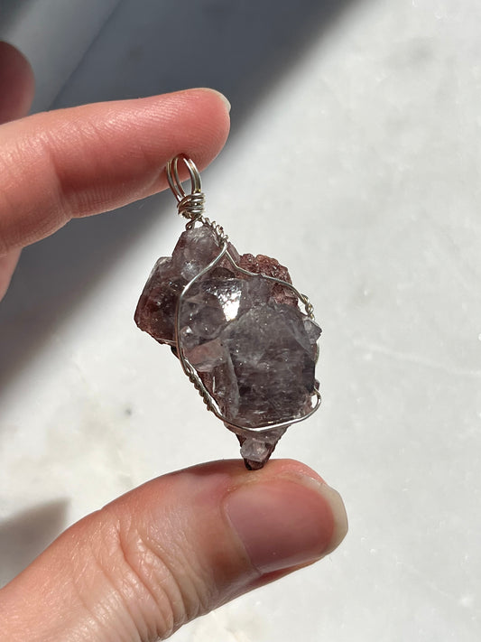 Etched Apophyllite on Red Heulandite Wire Wrap Pendant (925 Sterling Silver)