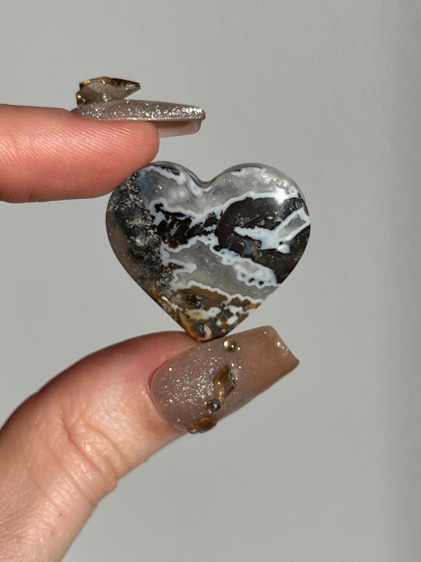 Agatised Black Petrified Wood and Marcasite Mini Heart Carving (You Choose)