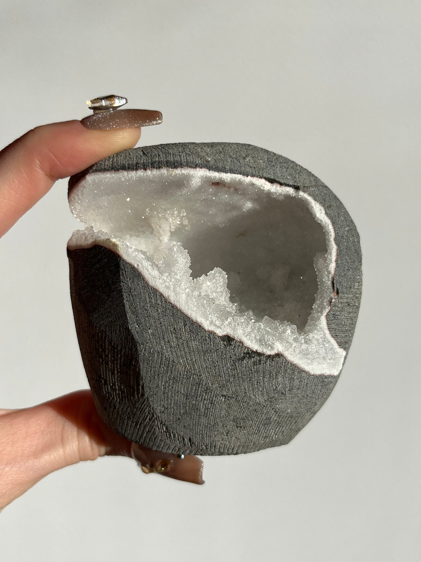 White Chalcedony Stalactite Geode Cave in Basalt O