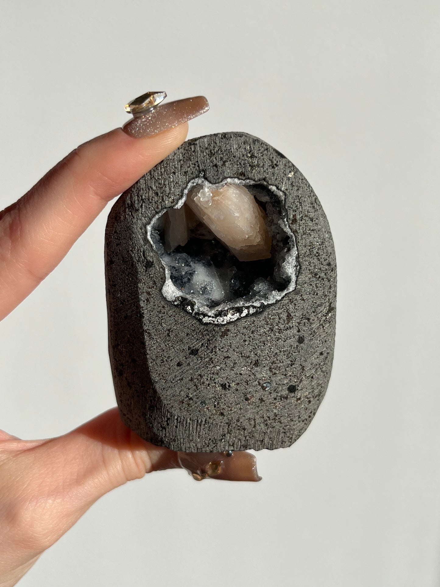 Black Chalcedony with Peach Stilbite Geode Cave in Basalt P