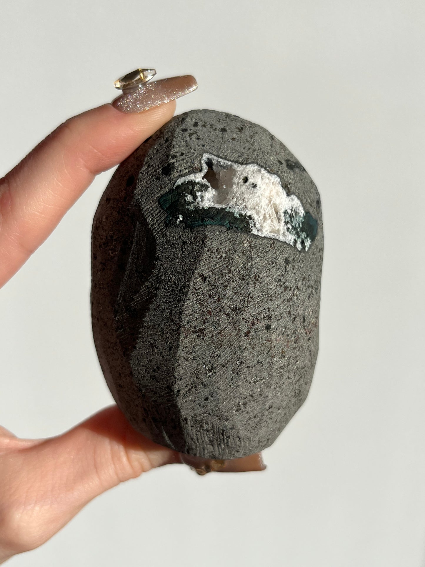 Black Chalcedony with Peach Stilbite Geode Cave in Basalt P
