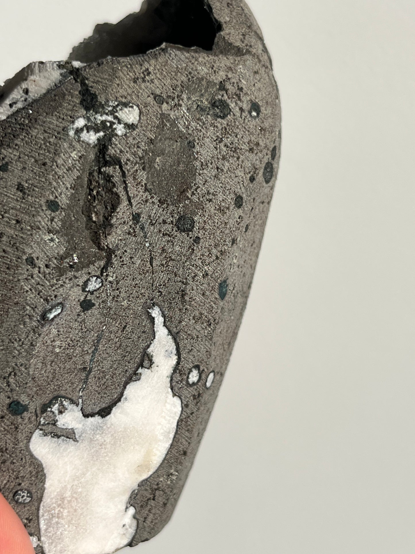 Black Chalcedony with Peach Stilbite and White Druzy Chalcedony Geode Cave in Basalt R