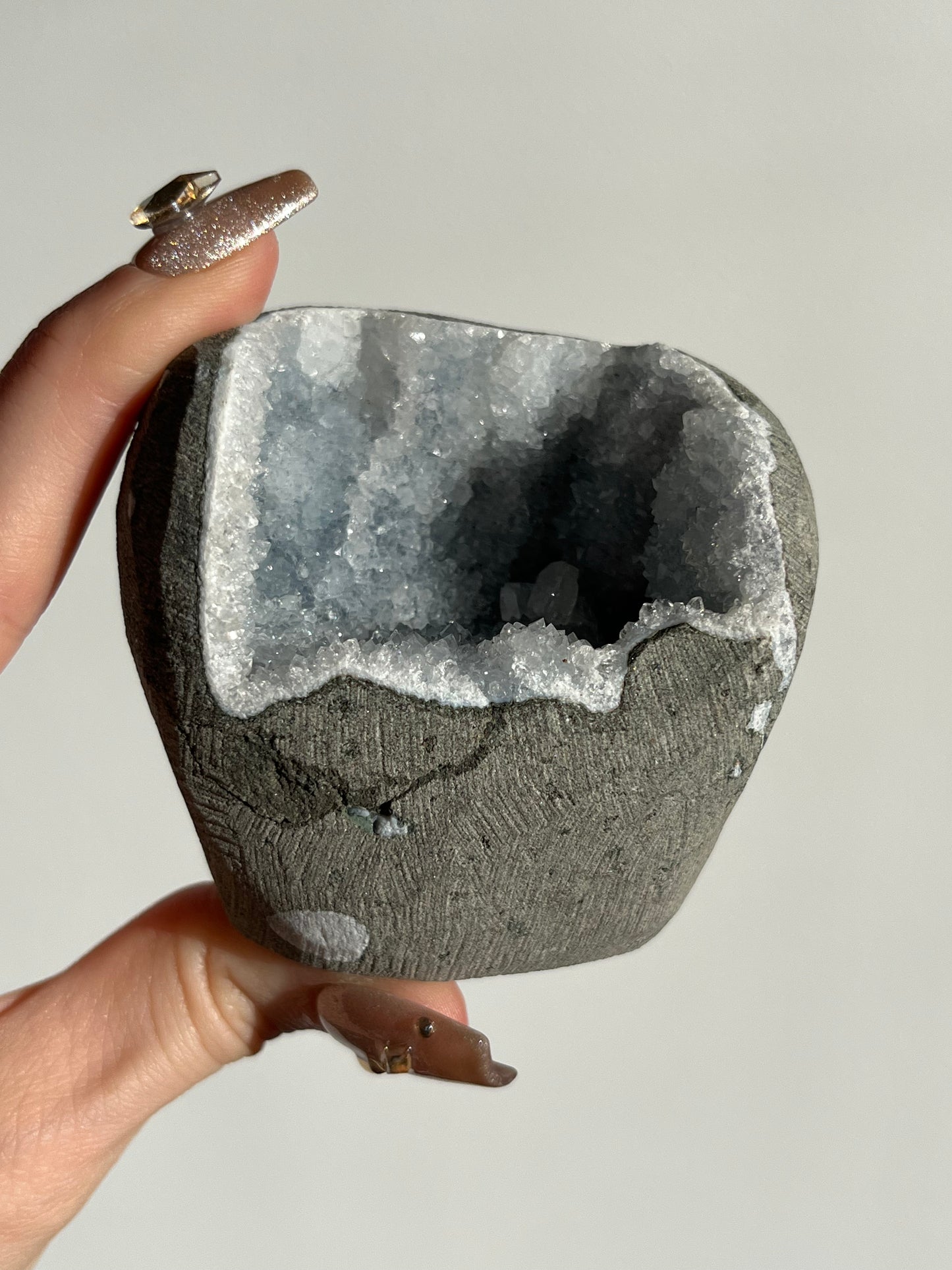 Grey-Blue Chalcedony with Apophyllite Geode Cave in Basalt X