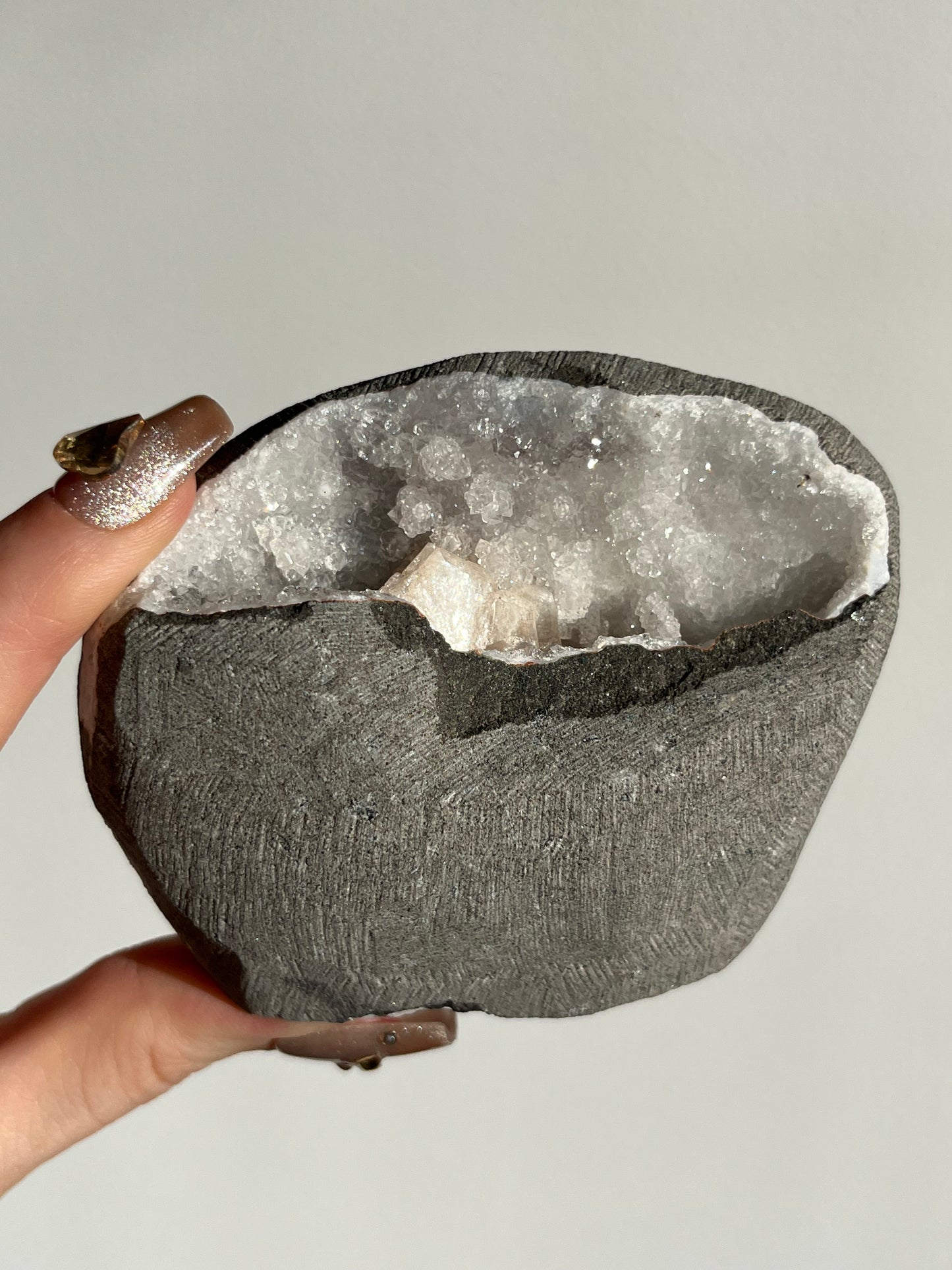Stalactitic Apophyllite with Peach Stilbite Geode Cave in Basalt Z