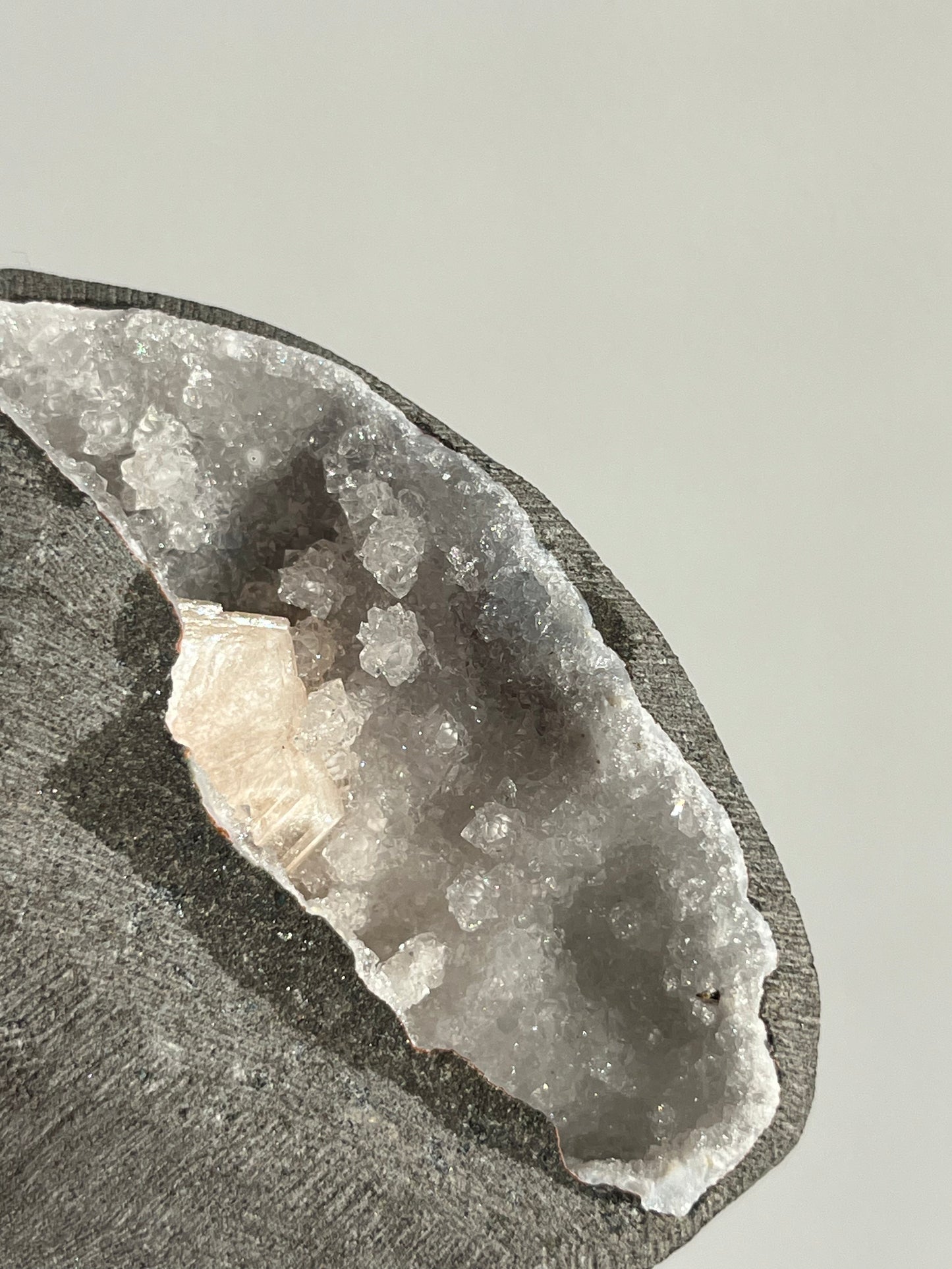 Stalactitic Apophyllite with Peach Stilbite Geode Cave in Basalt Z