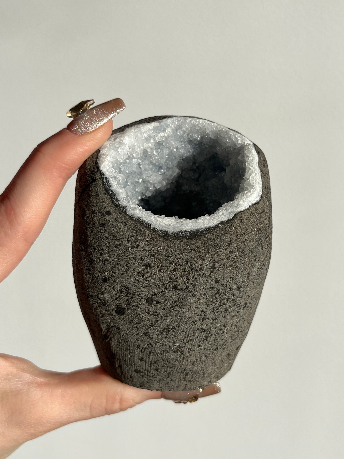 Grey Apophyllite with Calcite Geode Cave in Basalt AA