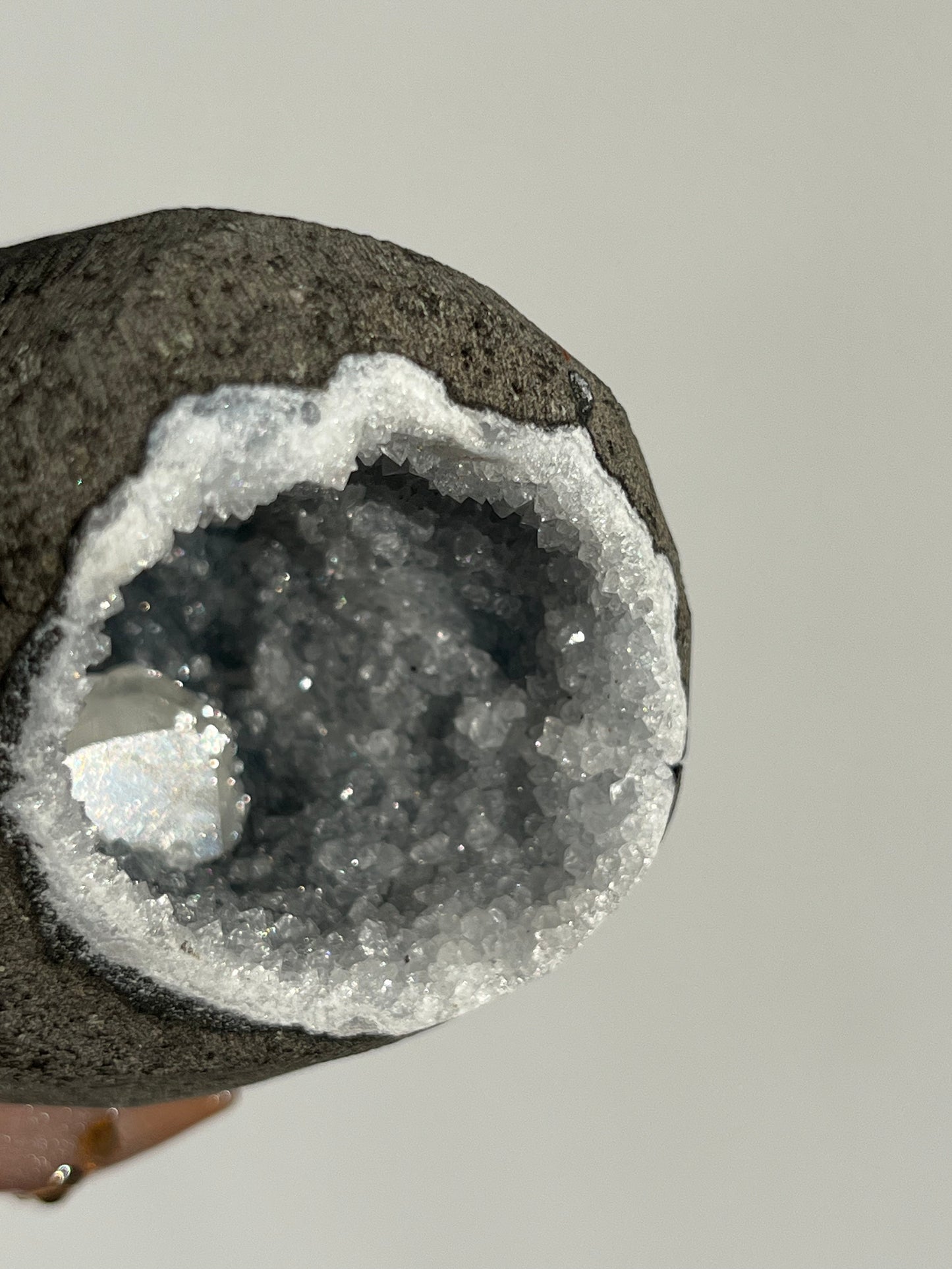 Grey Apophyllite with Calcite Geode Cave in Basalt AA