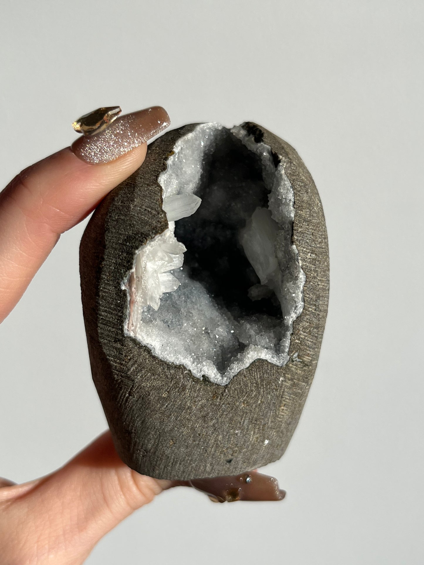Grey Chalcedony with Peach Stilbite Geode Cave in Basalt AK