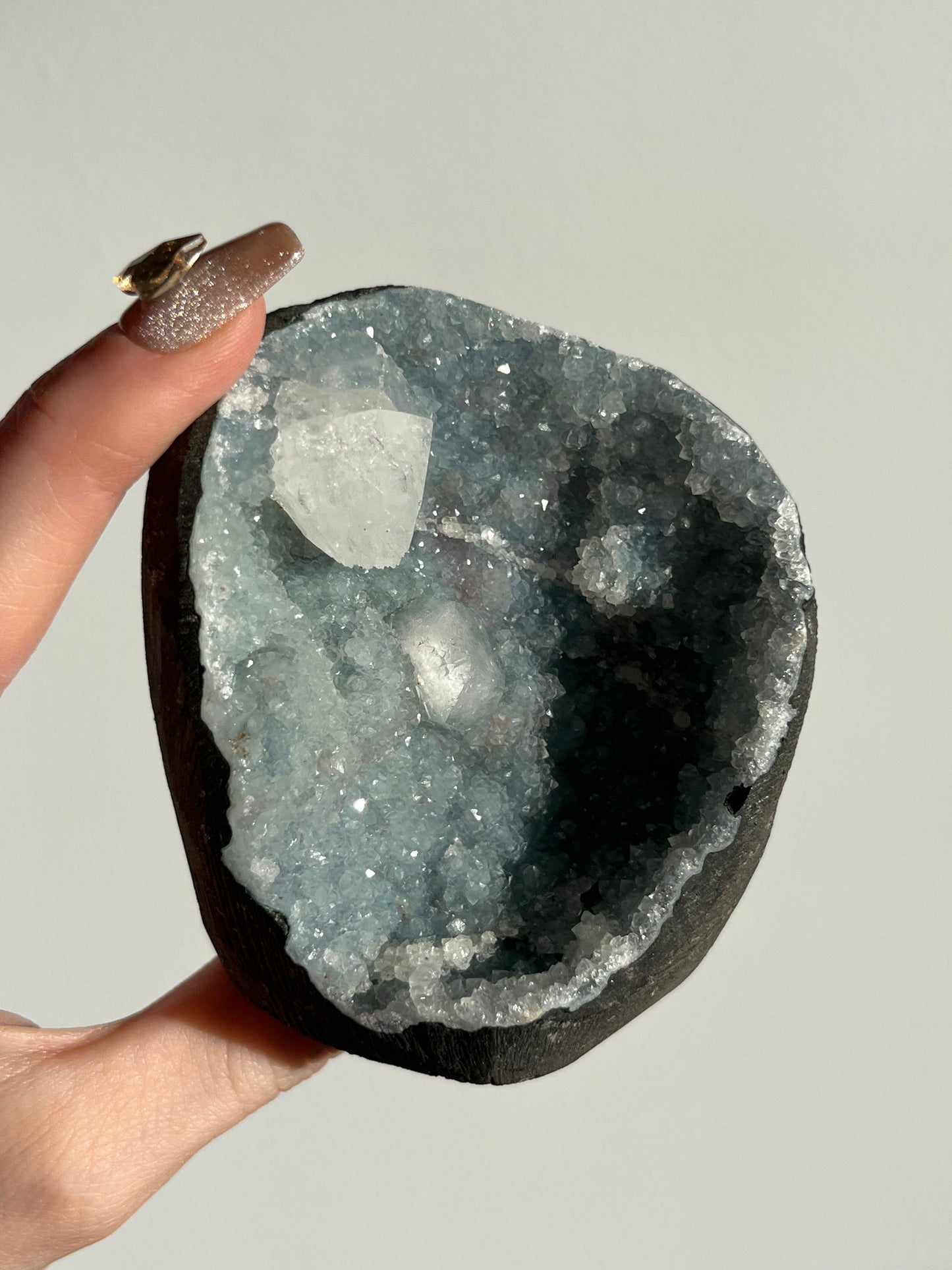 Blue Chalcedony with Etched Apophyllite Geode Cave in Basalt AP