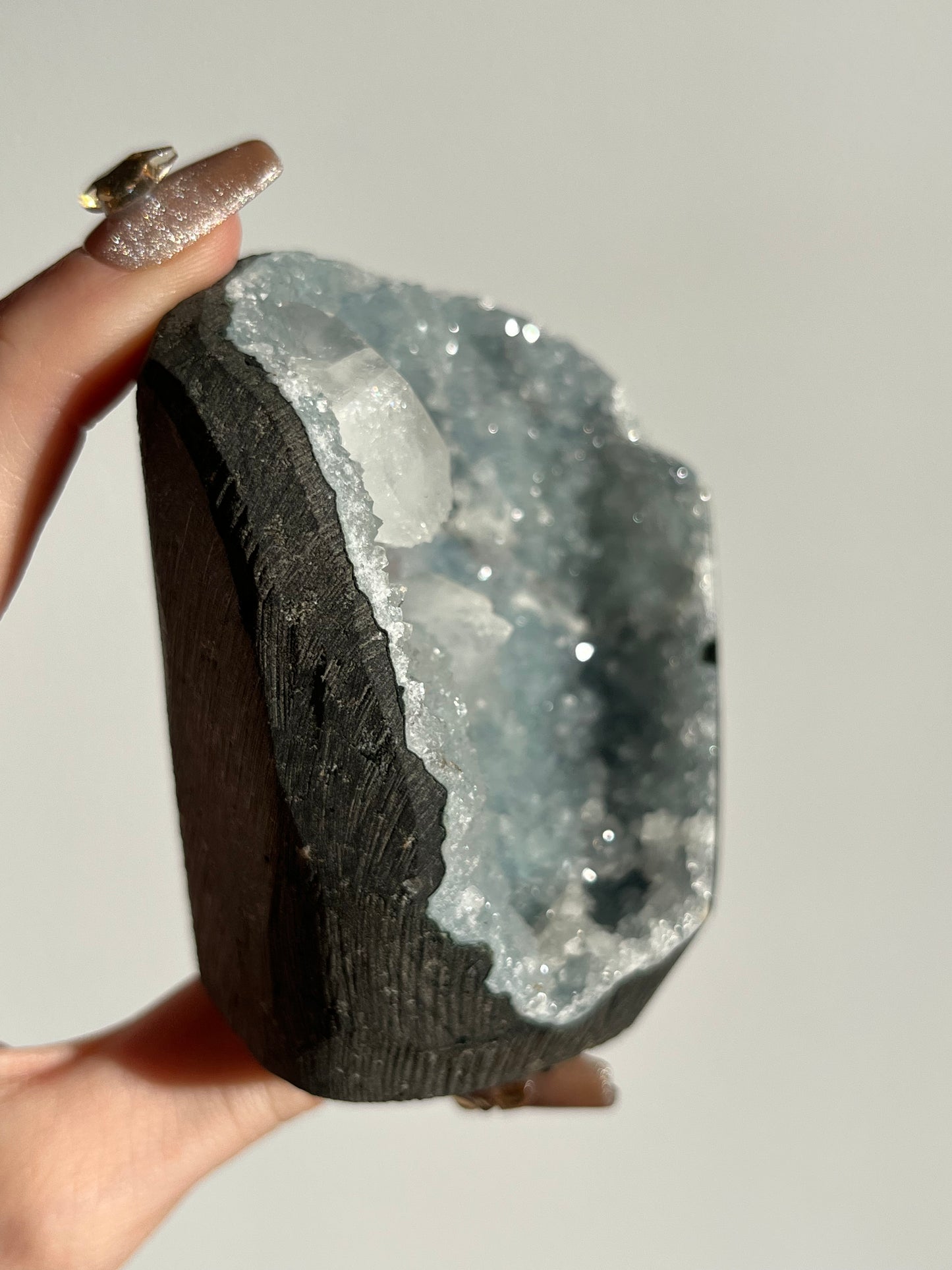 Blue Chalcedony with Etched Apophyllite Geode Cave in Basalt AP