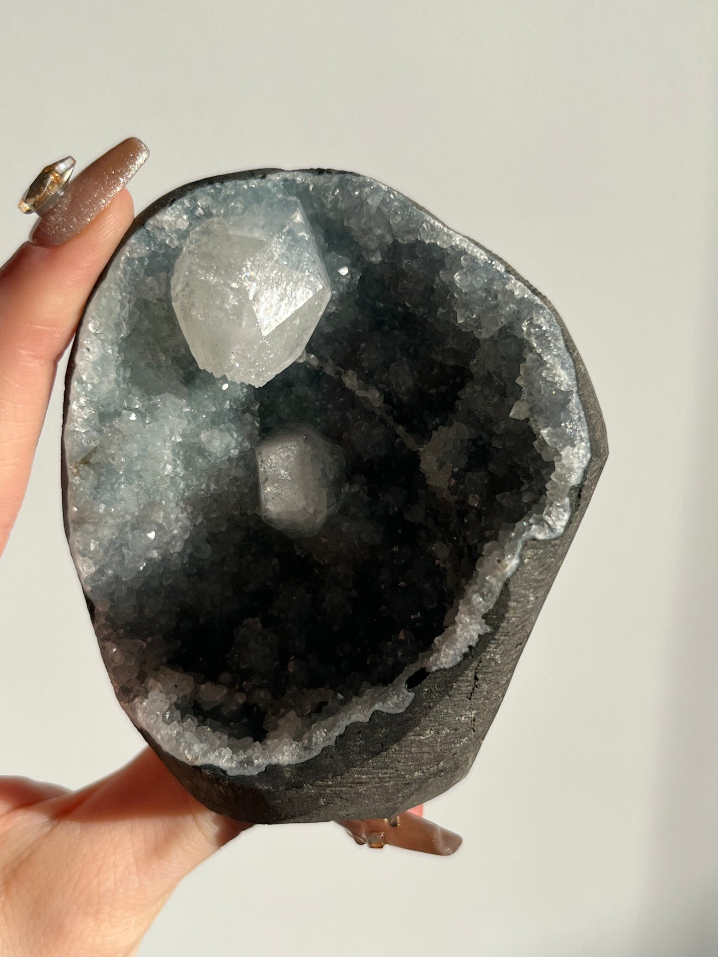 Blue Chalcedony with Etched Apophyllite Geode Cave in Basalt AP