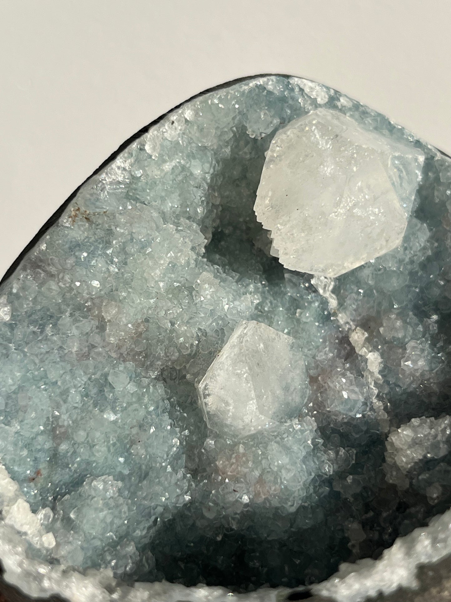 Blue Chalcedony with Etched Apophyllite Geode Cave in Basalt AP