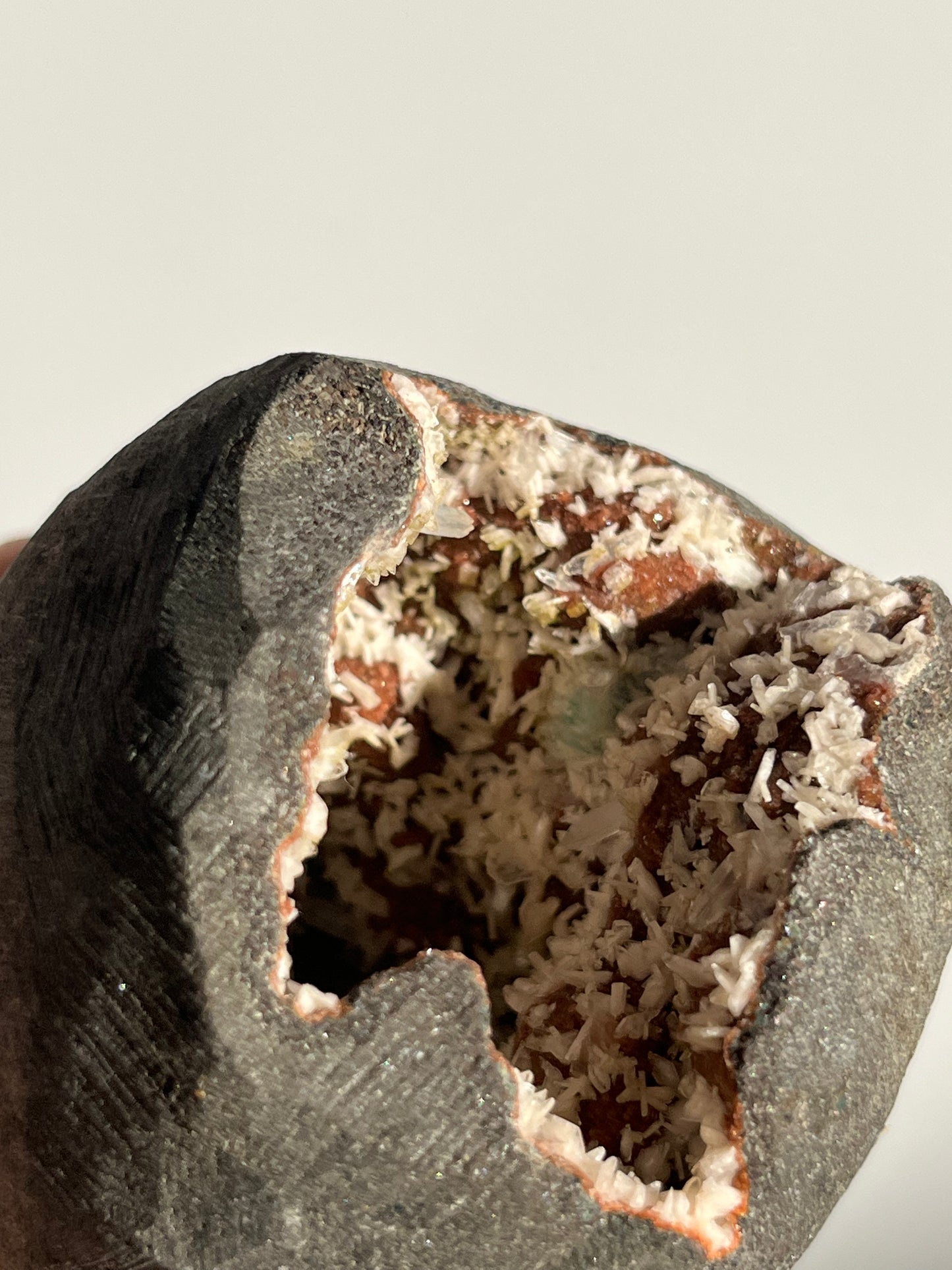 Red Druzy Heulandite with Green Apophyllite, Heulandite and Stilbite Geode Cave in Basalt AQ