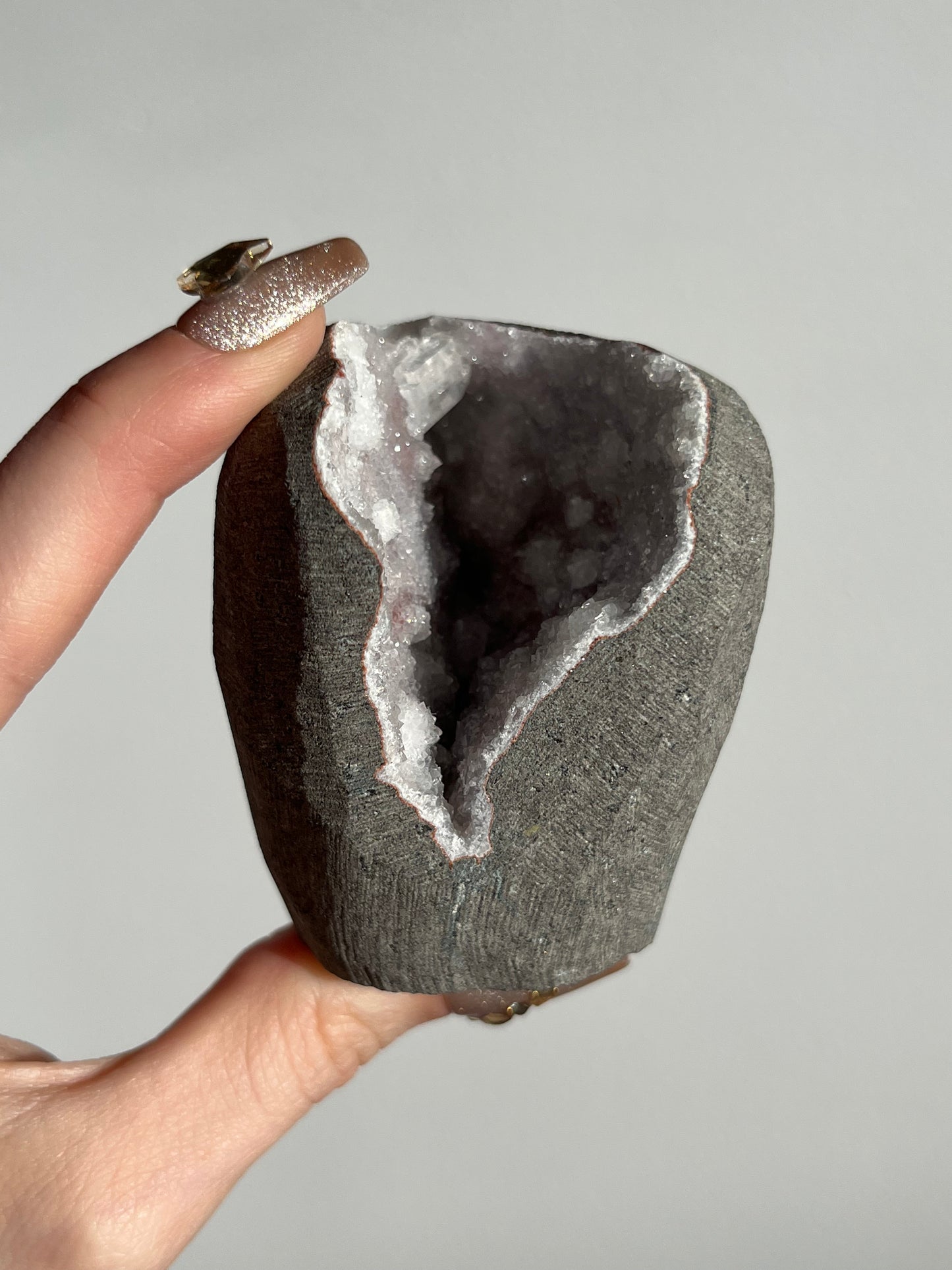 Pink-White Chalcedony with Apophyllite Geode Cave in Basalt AT