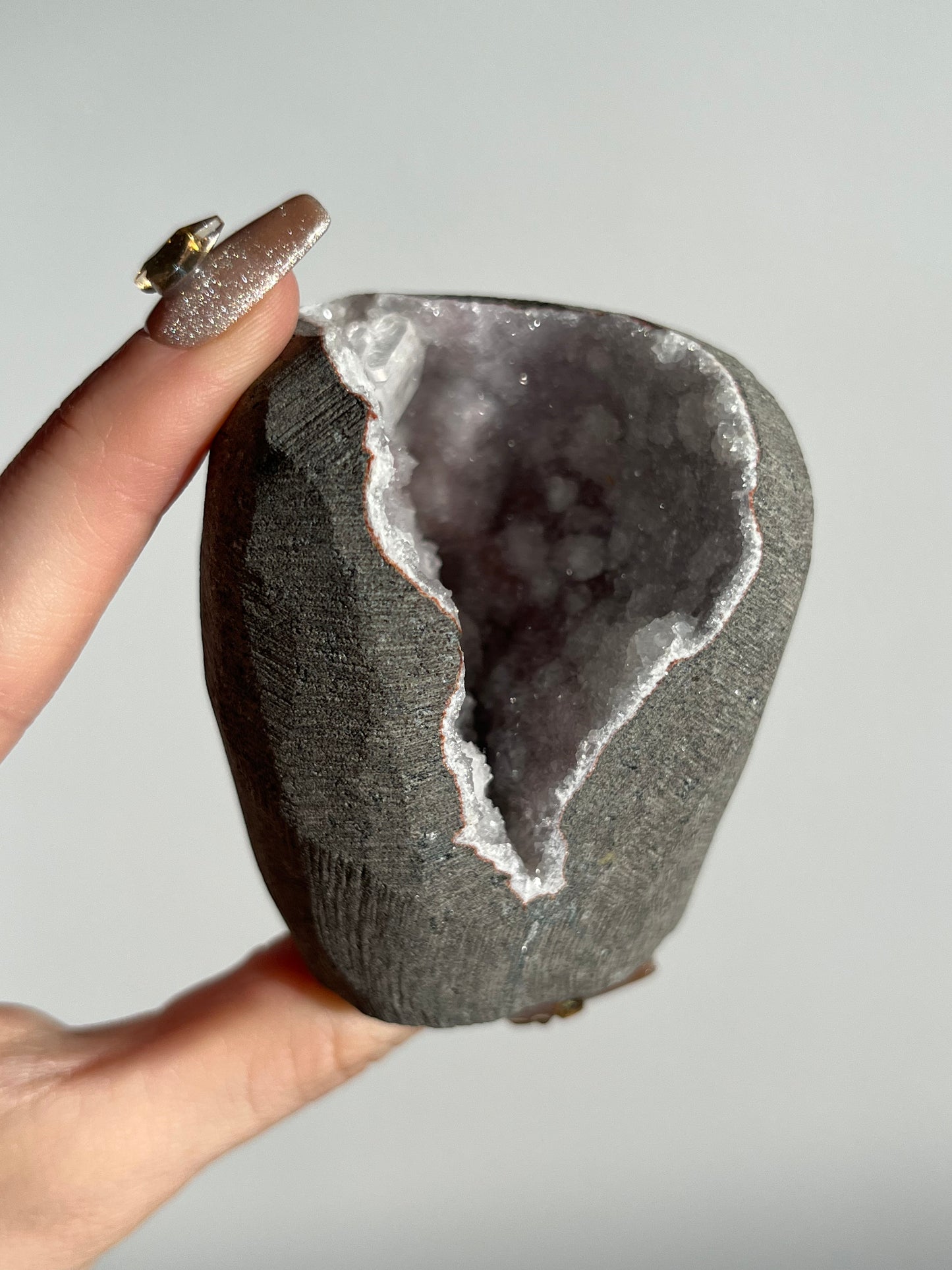 Pink-White Chalcedony with Apophyllite Geode Cave in Basalt AT