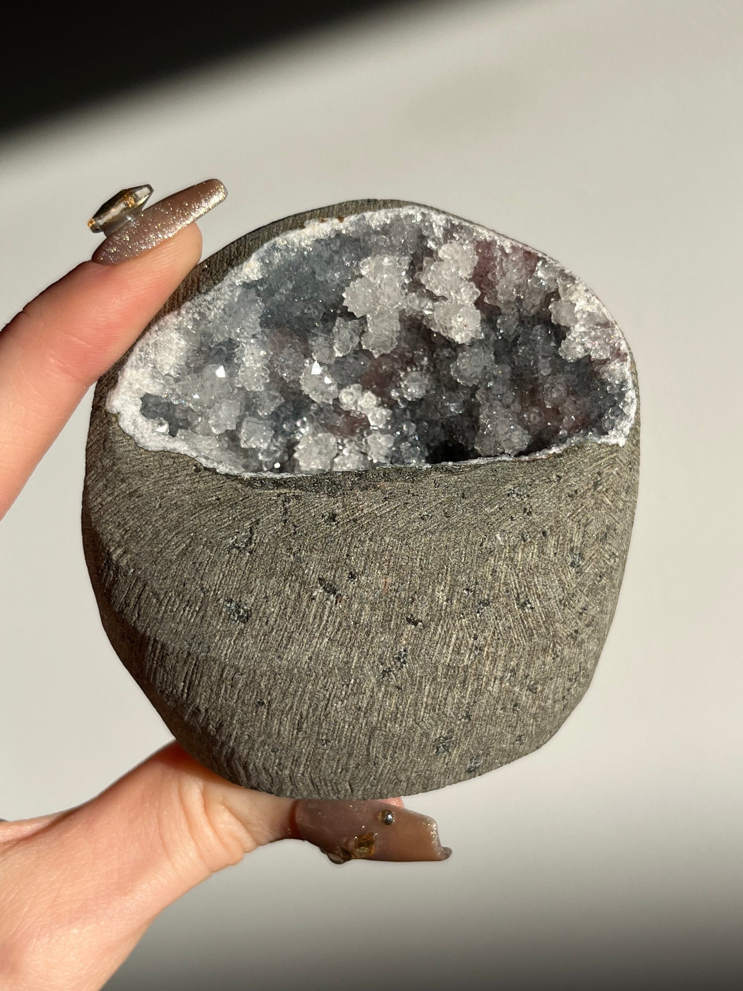Grey Quartz with Pink Chalcedony Geode Cave in Basalt AZ
