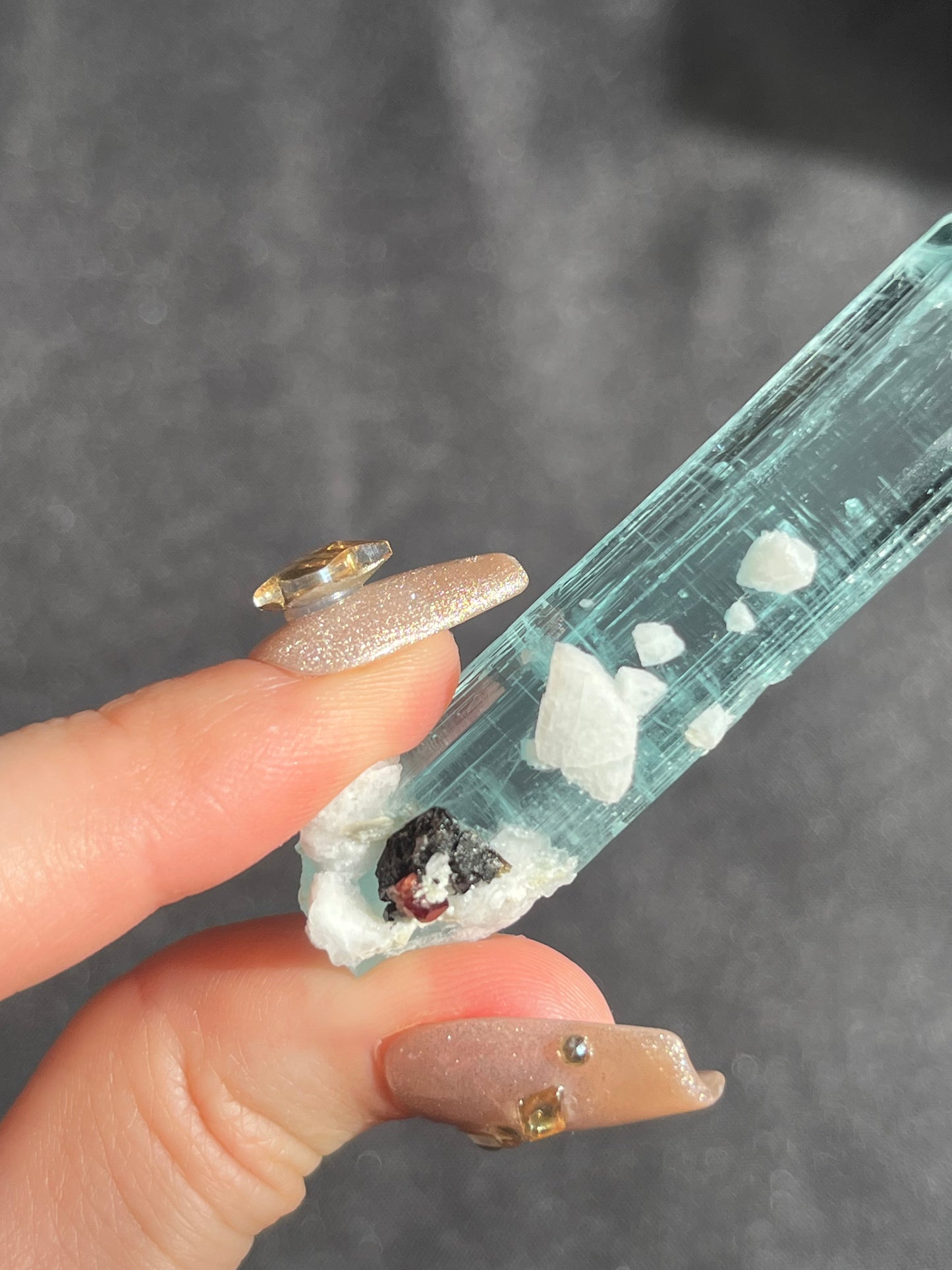 “Kali” Aquamarine with Feldspar, Schorl Black Tourmaline and Spessartine Garnet Specimen D (Collector’s Choice)