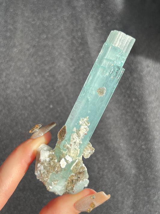 Aquamarine with Spessartine Garnet, Muscovite, Feldspar and Smokey Quartz Specimen F (Repair at Base)