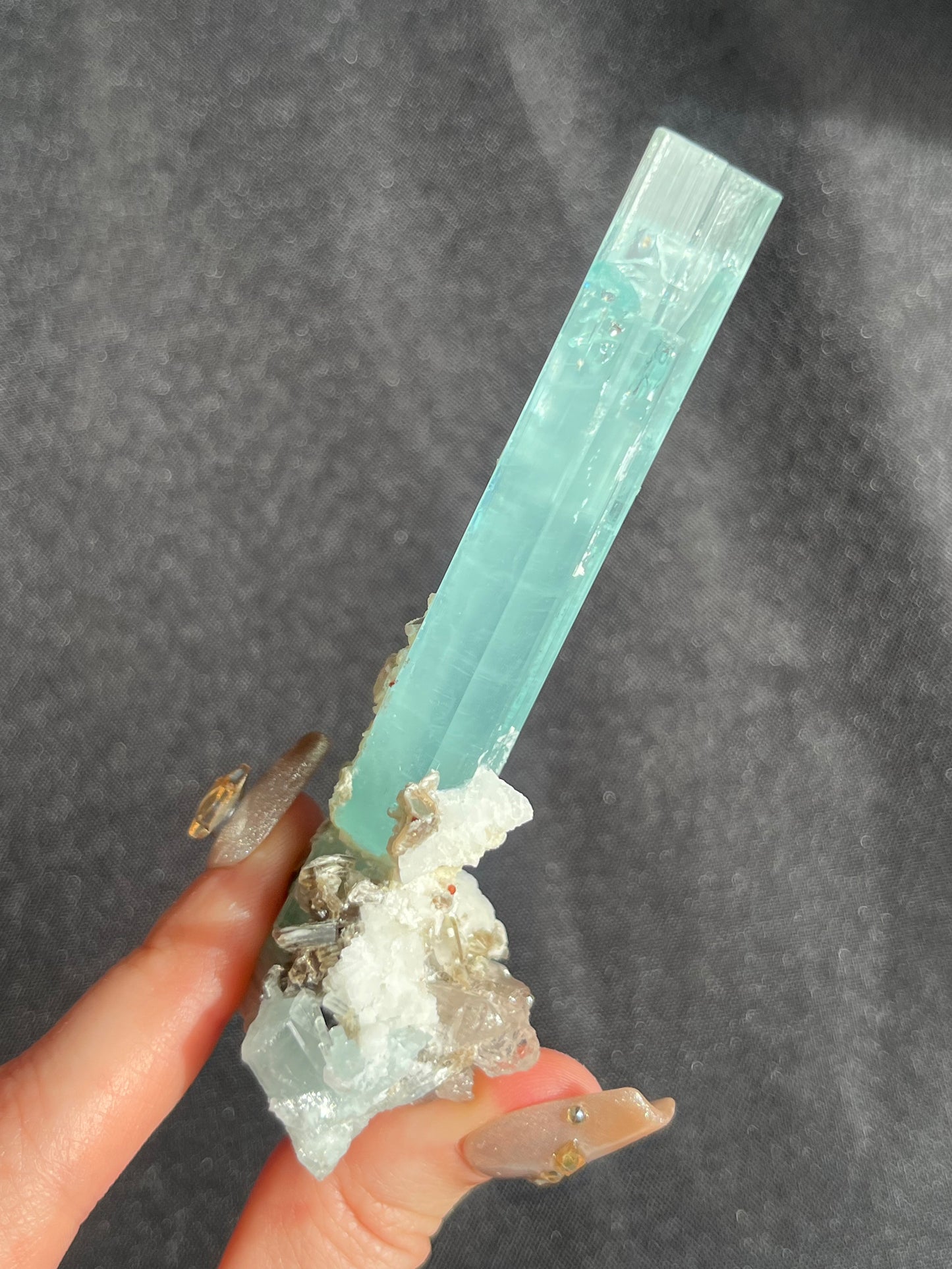 Aquamarine with Spessartine Garnet, Muscovite, Feldspar and Smokey Quartz Specimen F (Repair at Base)